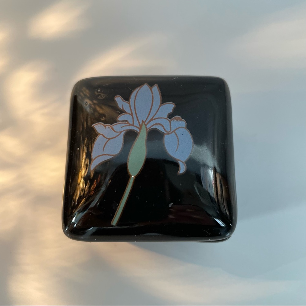 Black Porcelain box, flowers and stem, trinket box, jewelry box, vanity box.